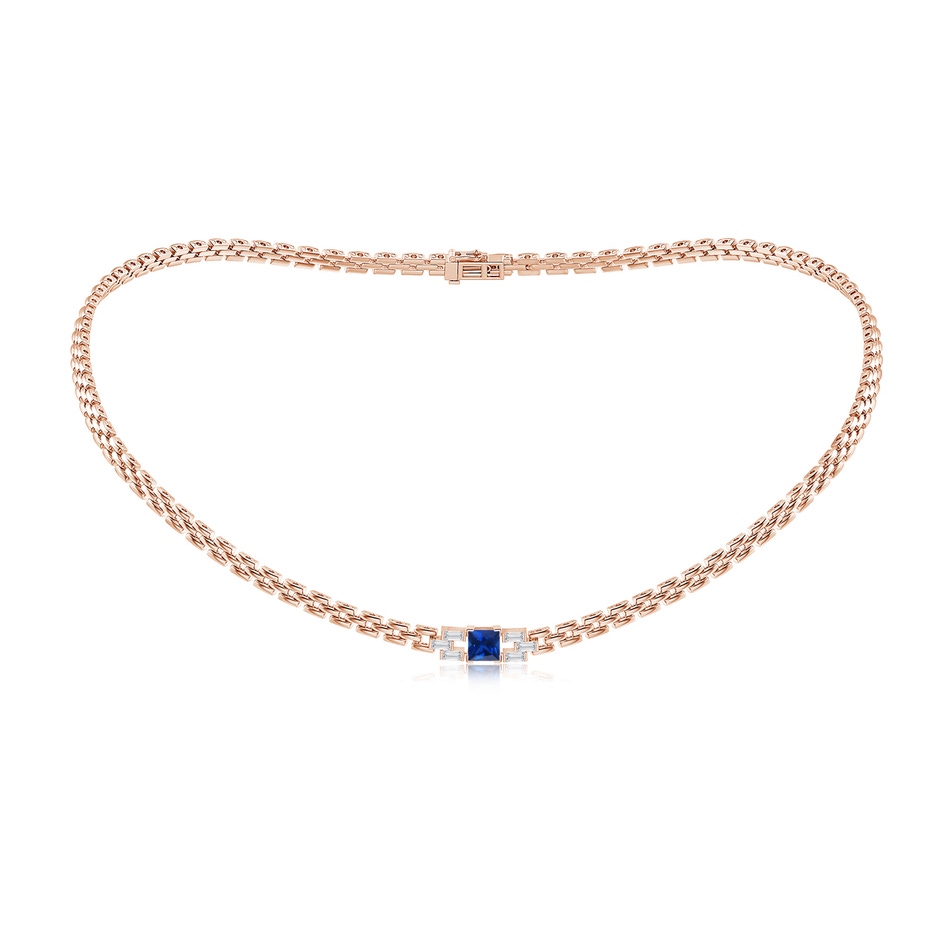 5mm AAAA Square Sapphire & Baguette Diamond Rectangle Link Necklace in Rose Gold 