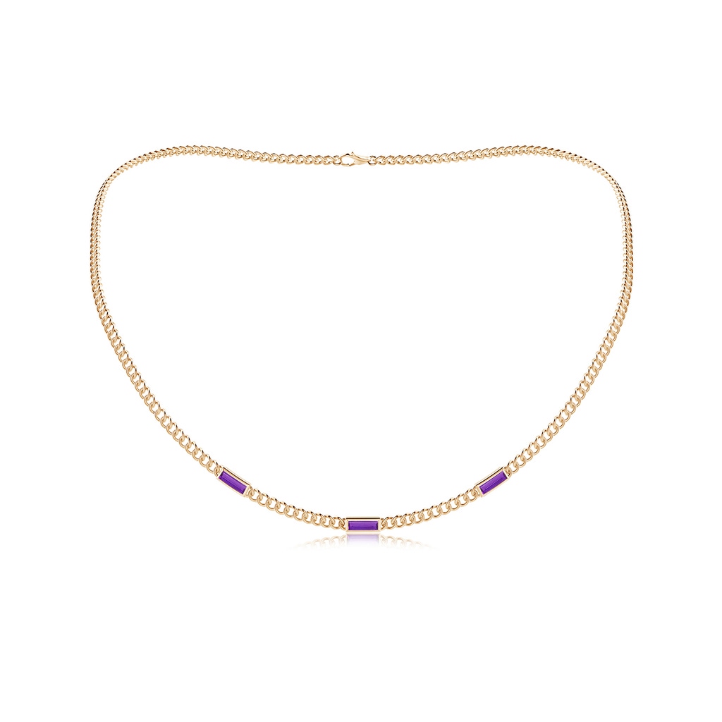 6x2mm AAA Bezel-Set Baguette Amethyst Three Stone Curb Link Chain Necklace in Yellow Gold