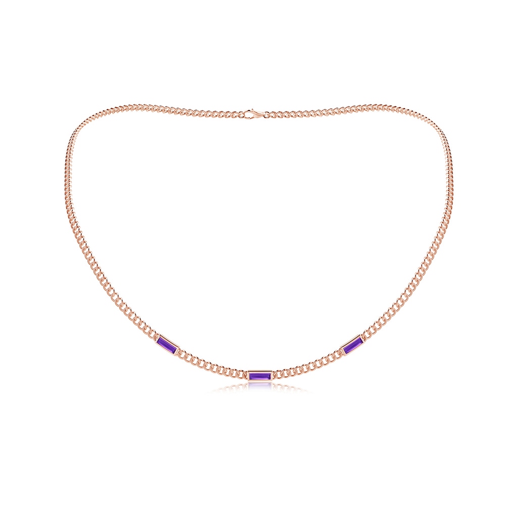 6x2mm AAAA Bezel-Set Baguette Amethyst Three Stone Curb Link Chain Necklace in 9K Rose Gold