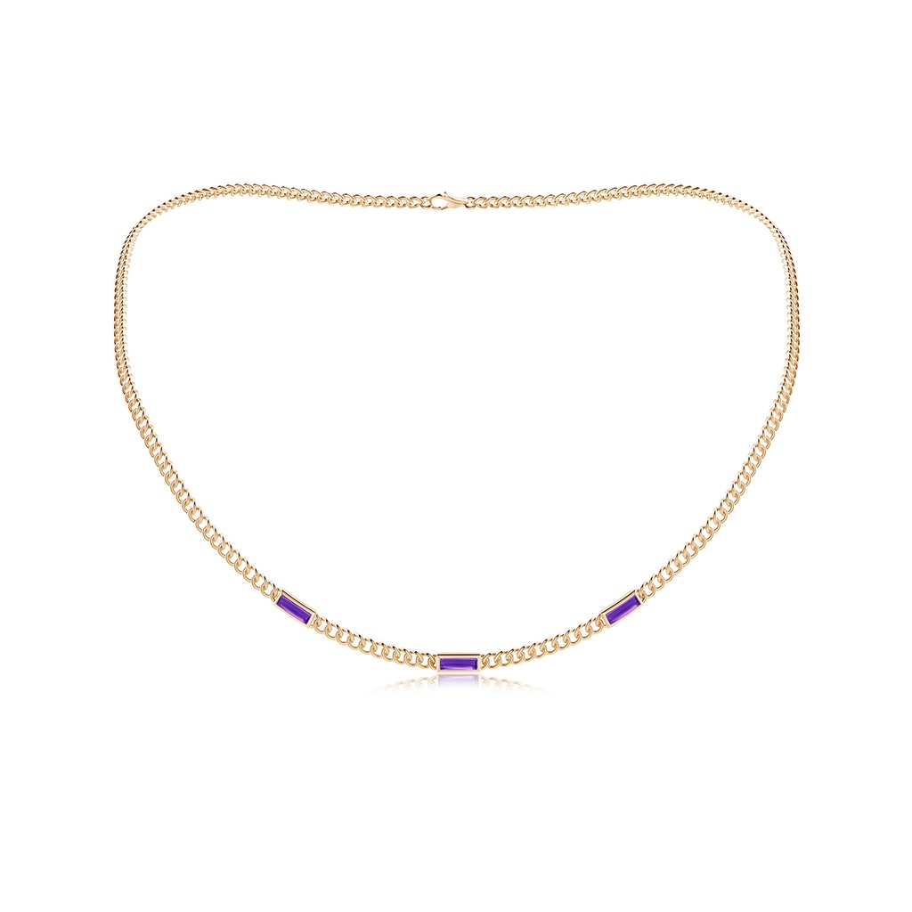 6x2mm AAAA Bezel-Set Baguette Amethyst Three Stone Curb Link Chain Necklace in 9K Yellow Gold