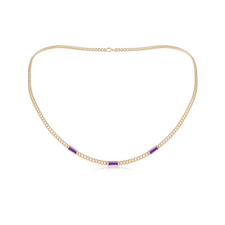 6x2mm AAAA Bezel-Set Baguette Amethyst Three Stone Curb Link Chain Necklace in 9K Yellow Gold