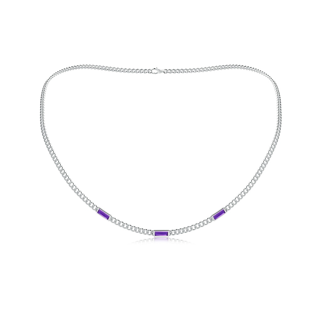 6x2mm AAAA Bezel-Set Baguette Amethyst Three Stone Curb Link Chain Necklace in White Gold