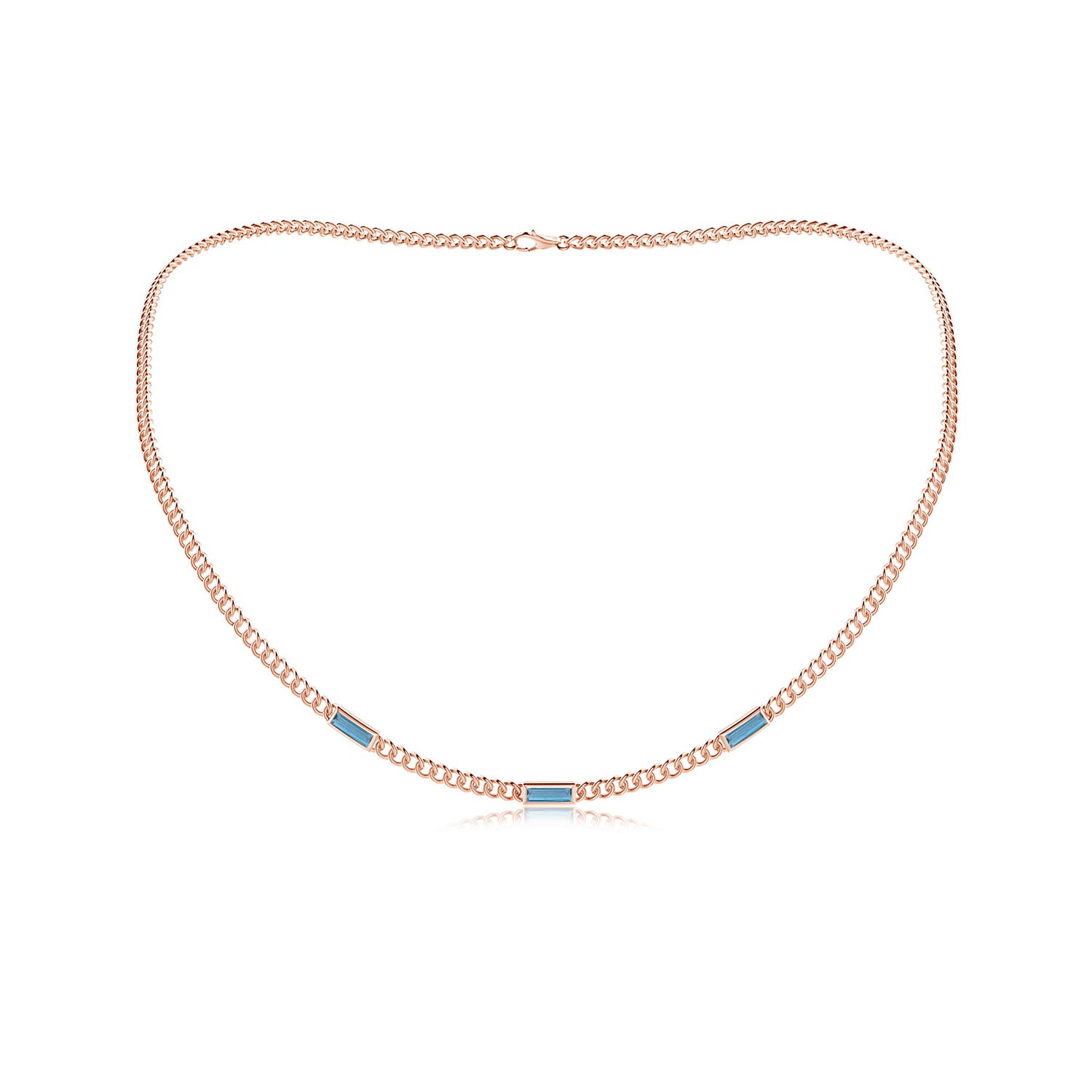6x2mm A Bezel-Set Baguette London Blue Topaz Three Stone Curb Link Chain Necklace in Rose Gold