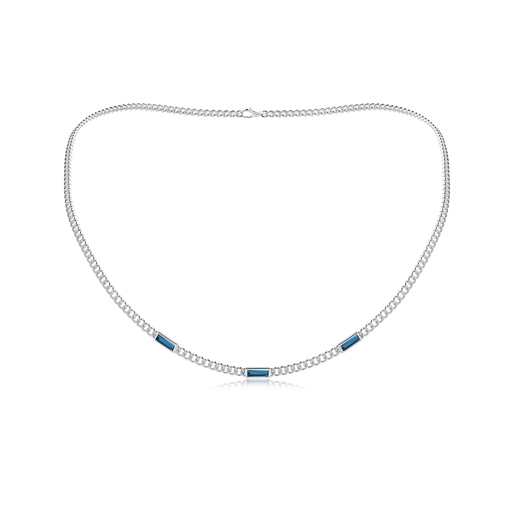 6x2mm AAA Bezel-Set Baguette London Blue Topaz Three Stone Curb Link Chain Necklace in White Gold