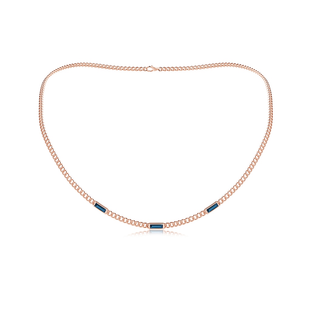 6x2mm AAAA Bezel-Set Baguette London Blue Topaz Three Stone Curb Link Chain Necklace in 9K Rose Gold