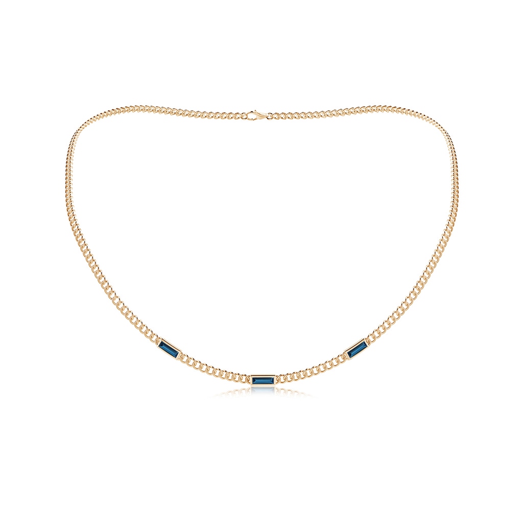 6x2mm AAAA Bezel-Set Baguette London Blue Topaz Three Stone Curb Link Chain Necklace in 9K Yellow Gold