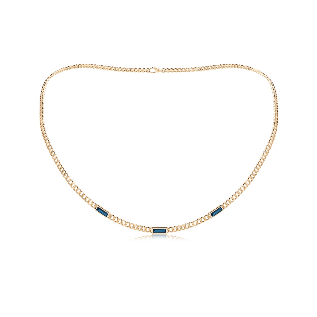 6x2mm AAAA Bezel-Set Baguette London Blue Topaz Three Stone Curb Link Chain Necklace in Yellow Gold