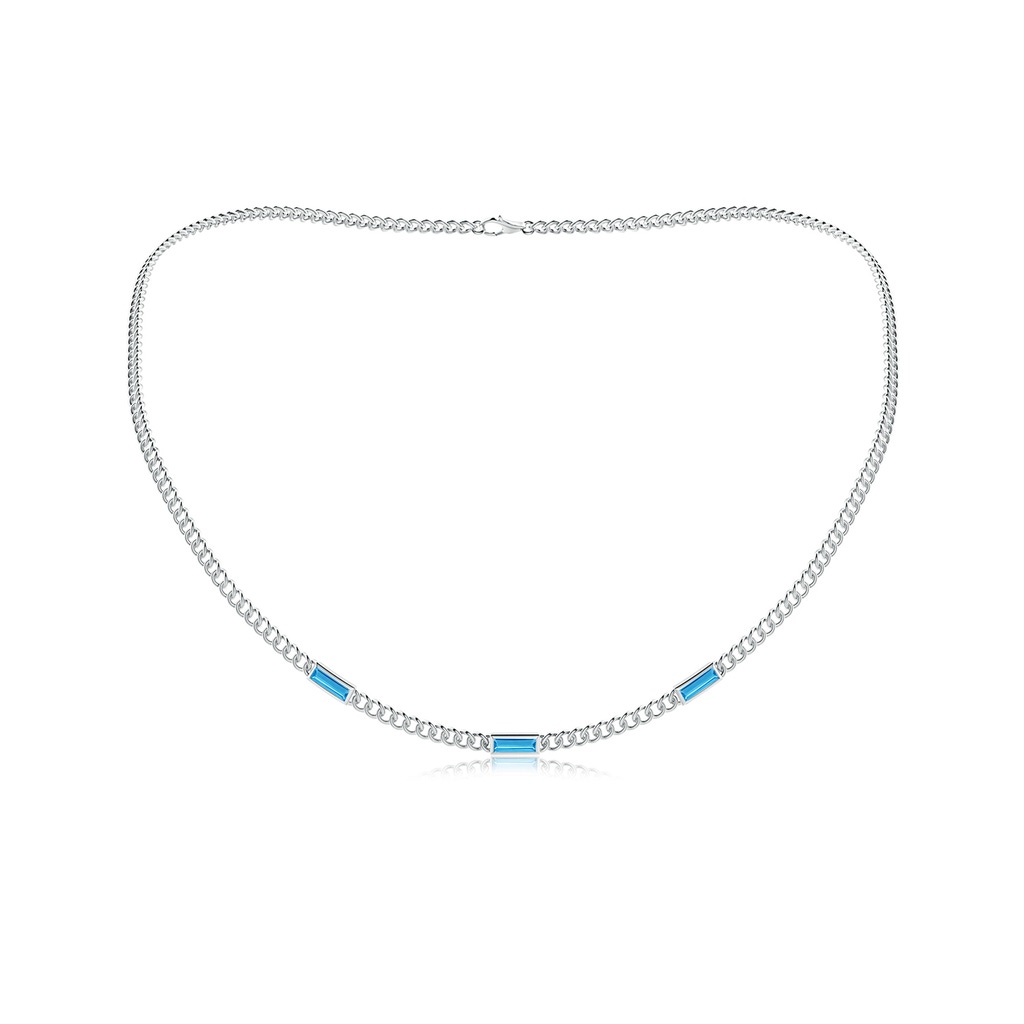 6x2mm AAA Bezel-Set Baguette Swiss Blue Topaz Three Stone Curb Link Chain Necklace in White Gold