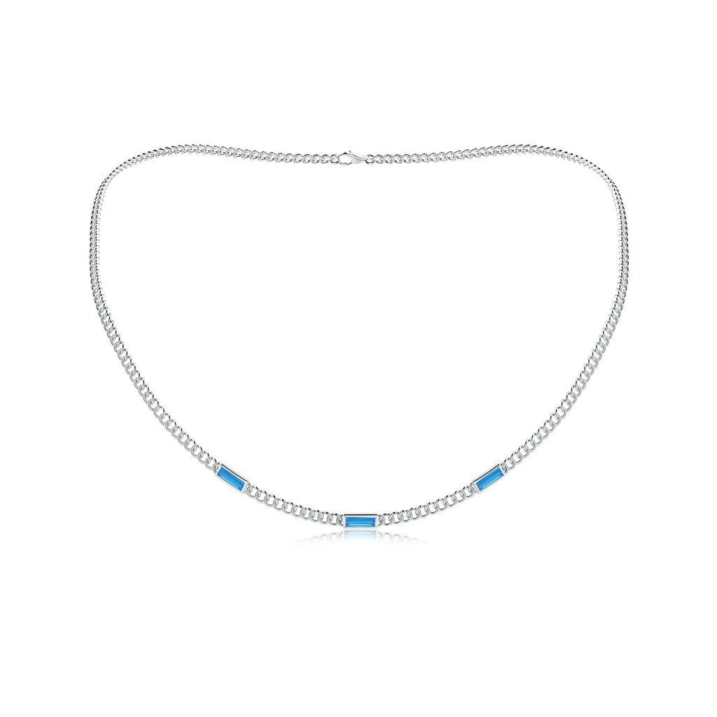 6x2mm AAAA Bezel-Set Baguette Swiss Blue Topaz Three Stone Curb Link Chain Necklace in 10K White Gold