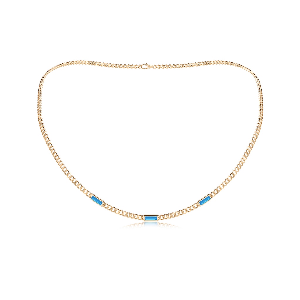 6x2mm AAAA Bezel-Set Baguette Swiss Blue Topaz Three Stone Curb Link Chain Necklace in 10K Yellow Gold