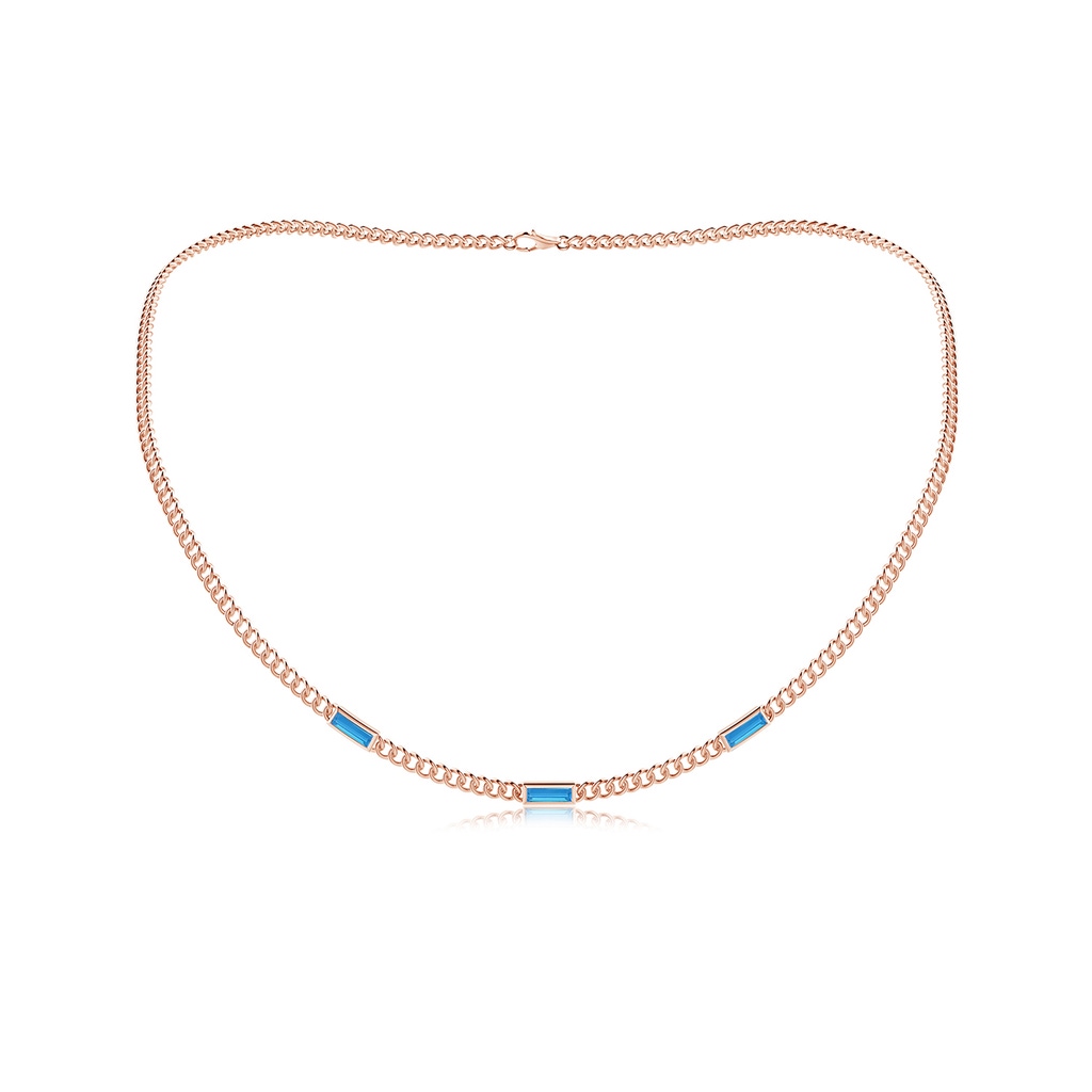 6x2mm AAAA Bezel-Set Baguette Swiss Blue Topaz Three Stone Curb Link Chain Necklace in Rose Gold