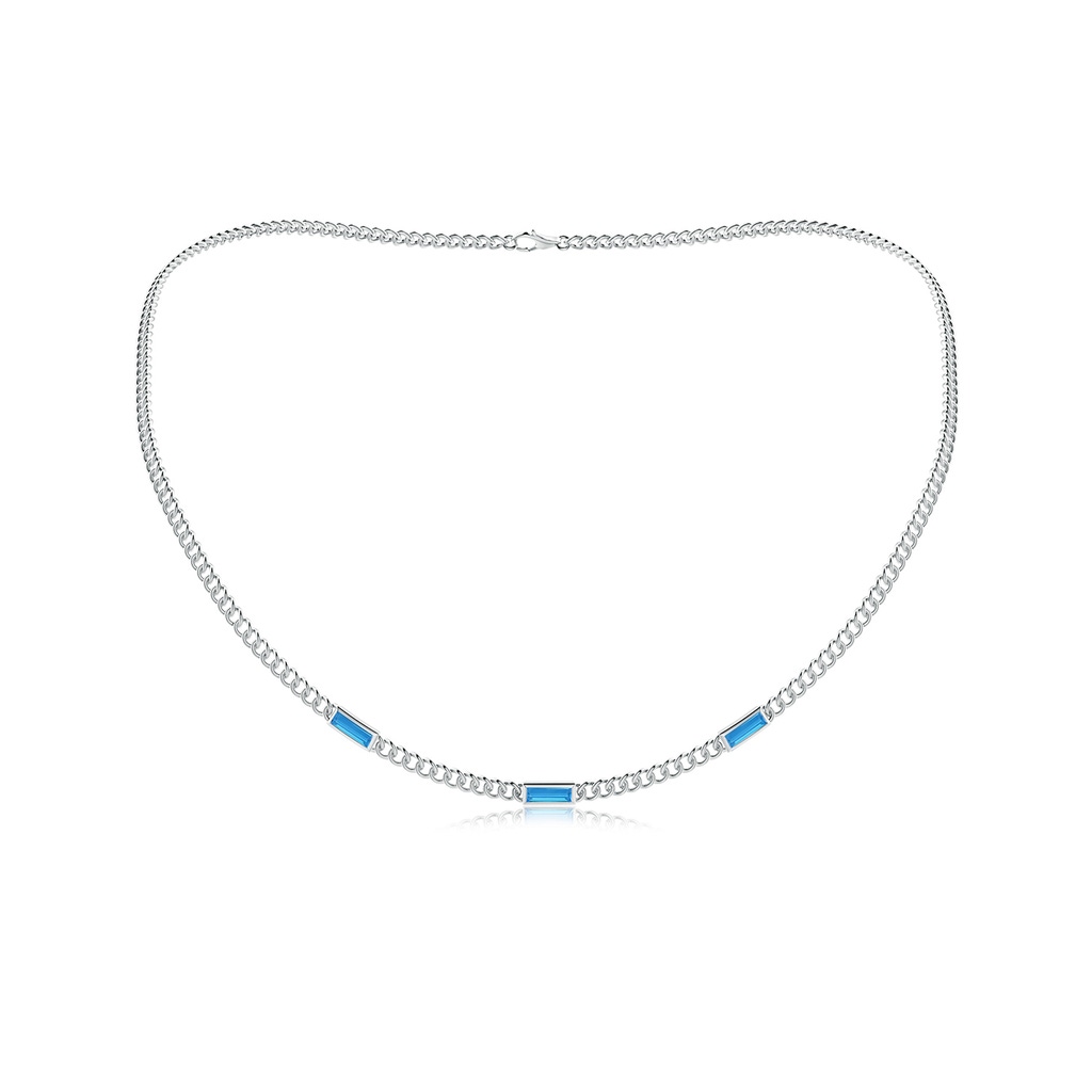 6x2mm AAAA Bezel-Set Baguette Swiss Blue Topaz Three Stone Curb Link Chain Necklace in White Gold