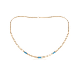 6x2mm AAAA Bezel-Set Baguette Swiss Blue Topaz Three Stone Curb Link Chain Necklace in Yellow Gold