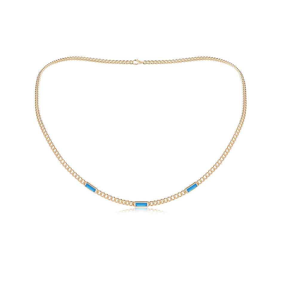 6x2mm AAAA Bezel-Set Baguette Swiss Blue Topaz Three Stone Curb Link Chain Necklace in Yellow Gold 