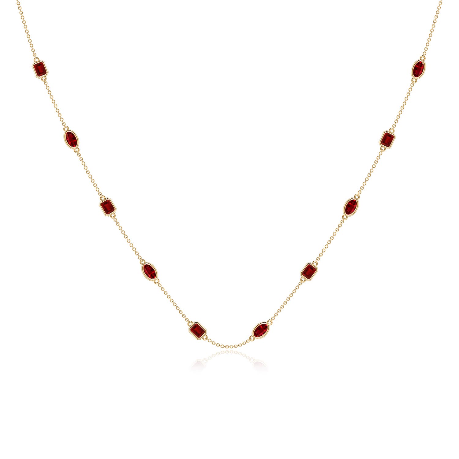 5x3mm AAAA Oval and Emerald-Cut Ruby Station Necklace in 18K Yellow Gold