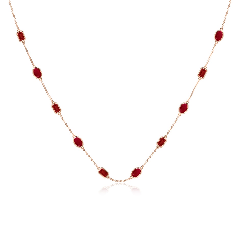 6x4mm AA Oval and Emerald-Cut Ruby Station Necklace in Rose Gold 