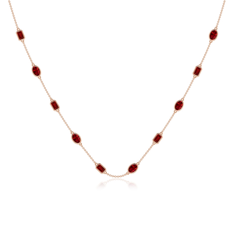 6x4mm AAAA Oval and Emerald-Cut Ruby Station Necklace in Rose Gold 