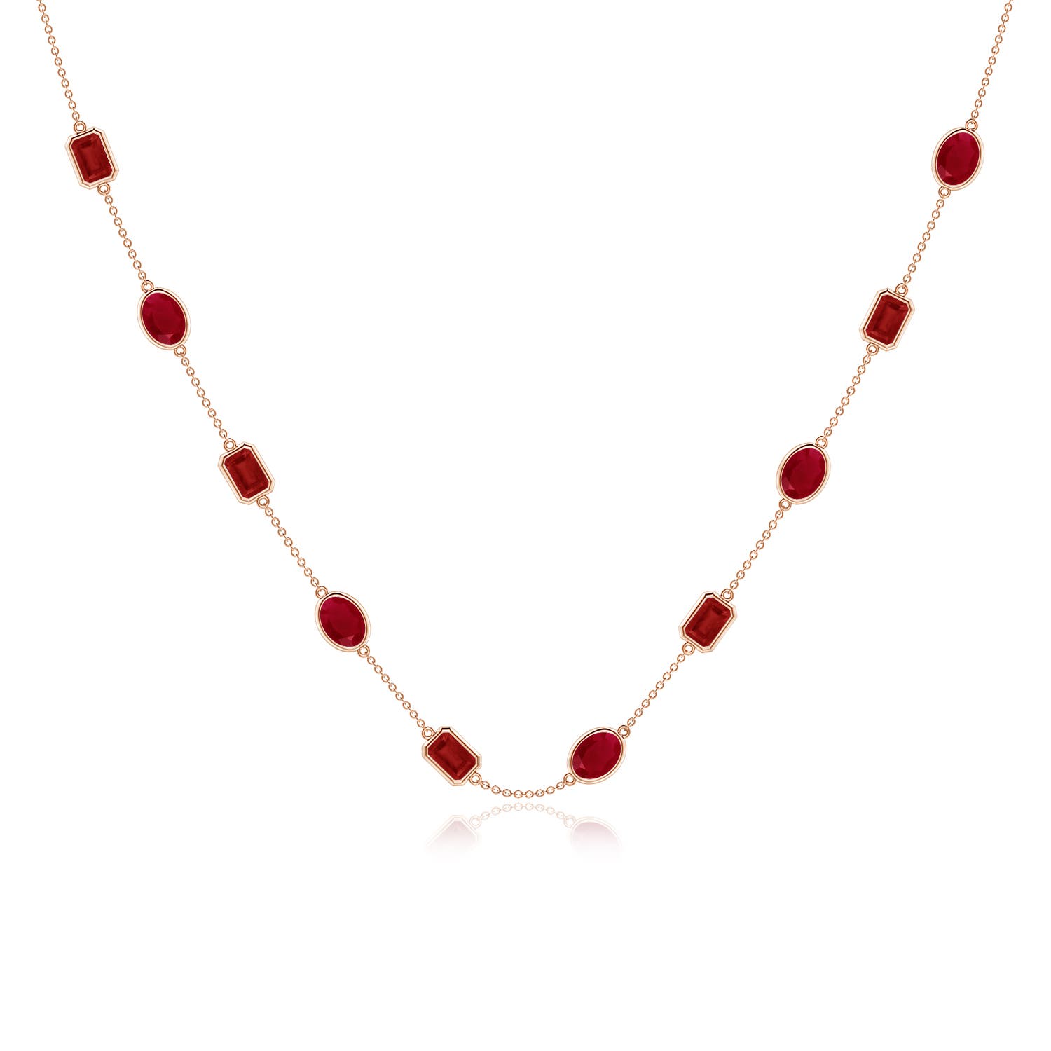 7x5mm AA Oval and Emerald-Cut Ruby Station Necklace in 18K Rose Gold