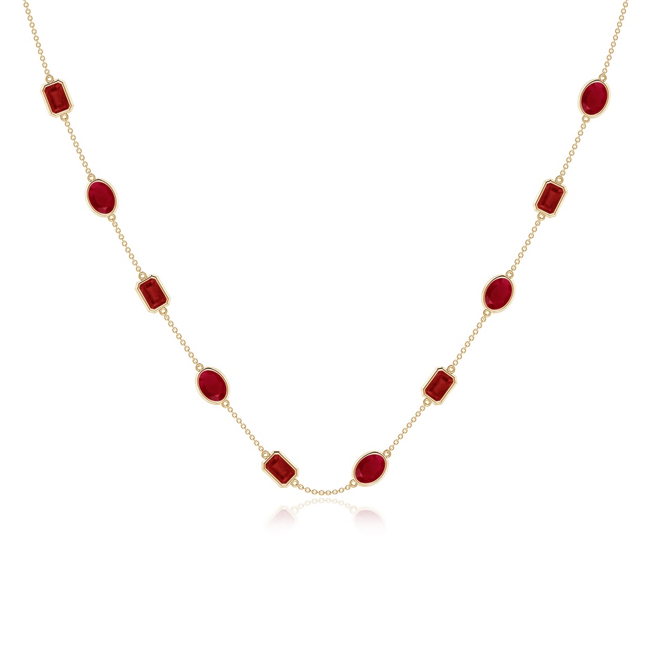 7x5mm AA Oval and Emerald-Cut Ruby Station Necklace in Yellow Gold 