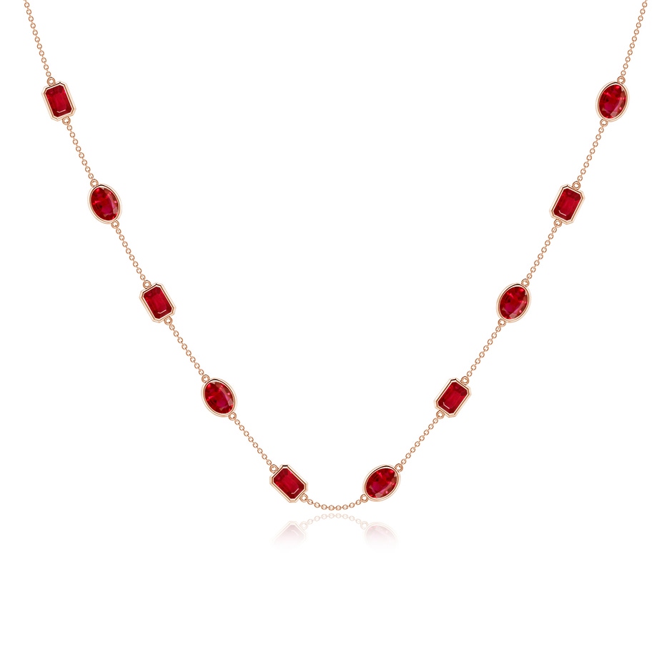 7x5mm AAA Oval and Emerald-Cut Ruby Station Necklace in Rose Gold 