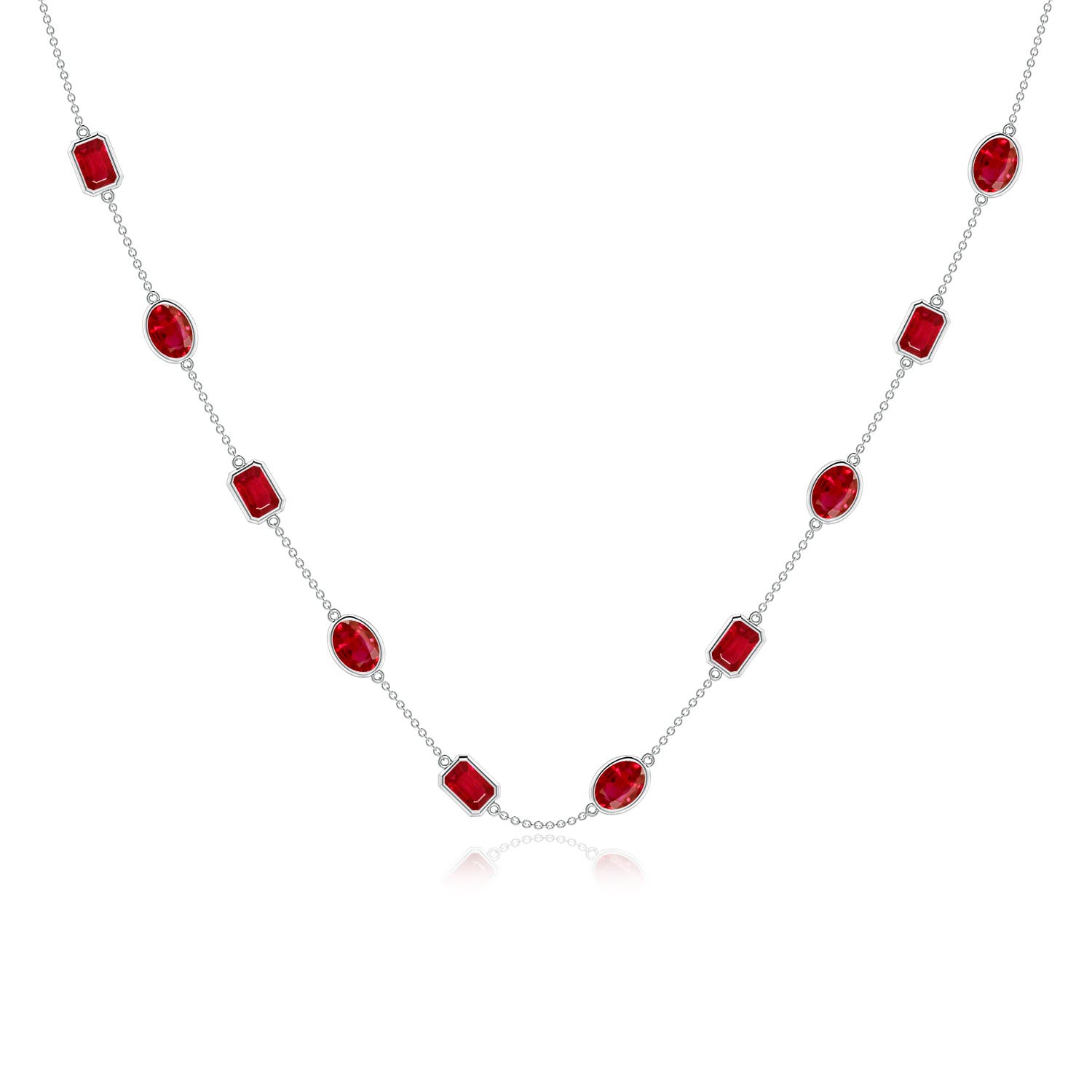 7x5mm AAA Oval and Emerald-Cut Ruby Station Necklace in White Gold