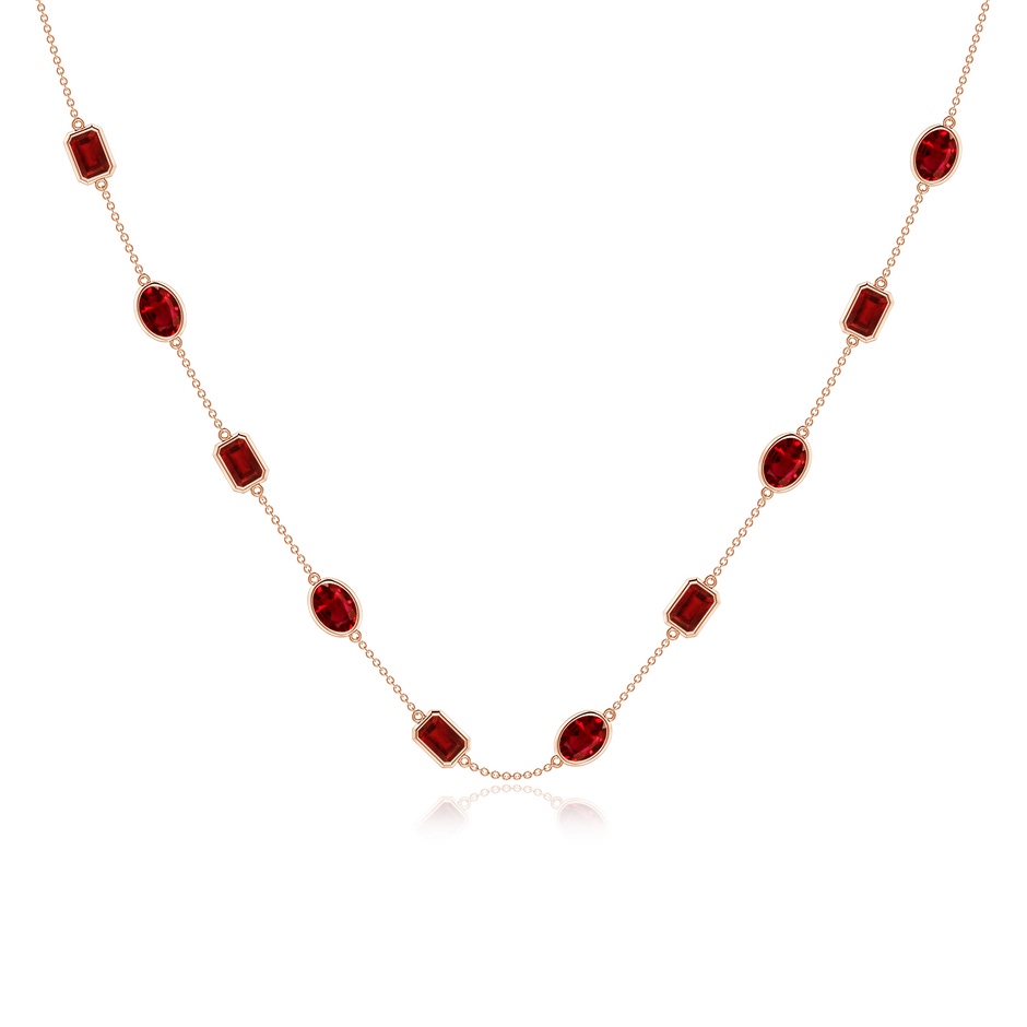 7x5mm AAAA Oval and Emerald-Cut Ruby Station Necklace in Rose Gold 