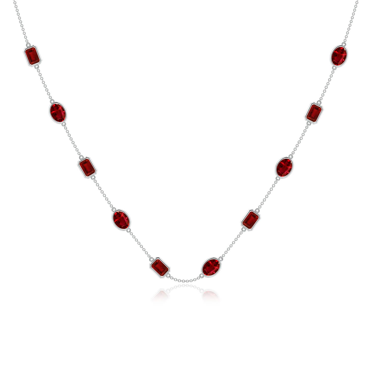 7x5mm AAAA Oval and Emerald-Cut Ruby Station Necklace in White Gold