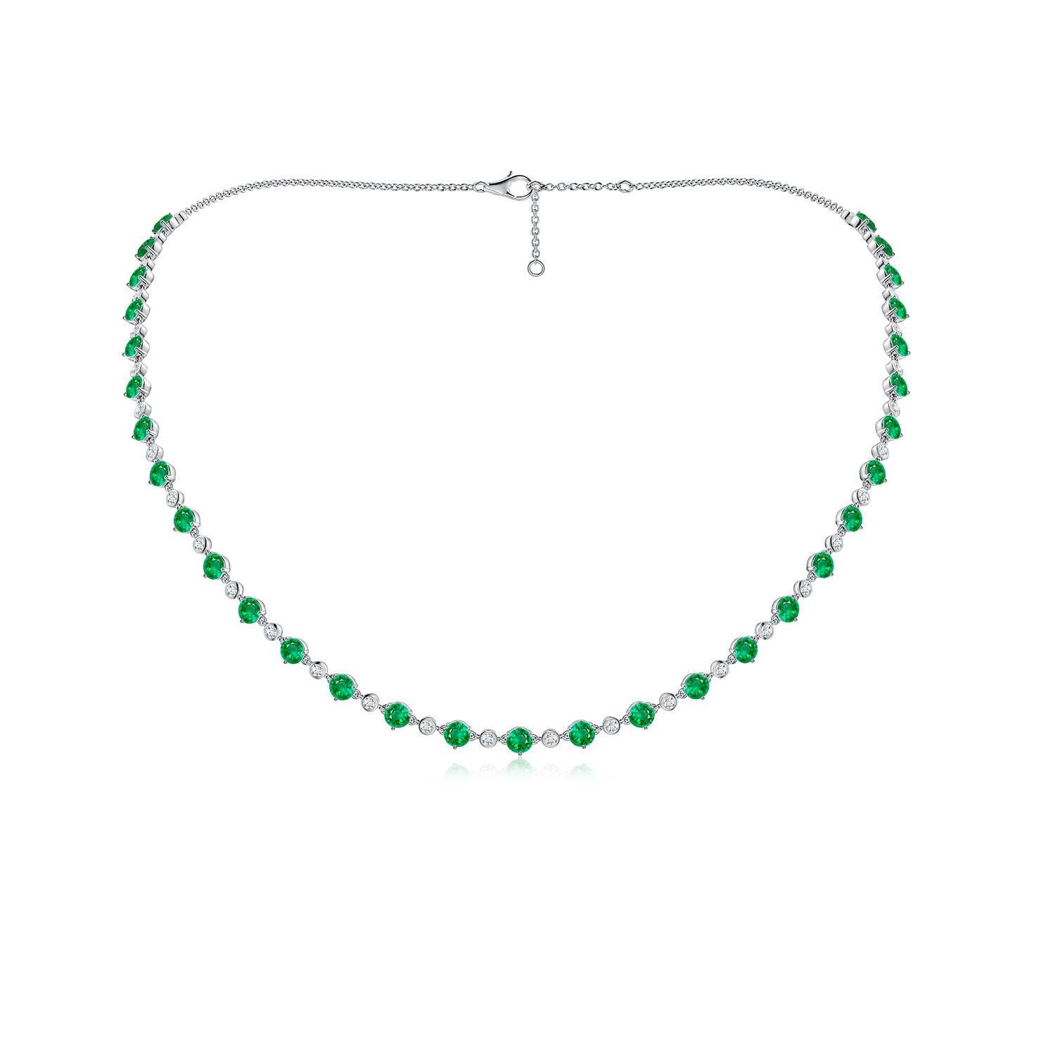 4mm AAA Emerald and Diamond Adjustable Station Necklace in White Gold
