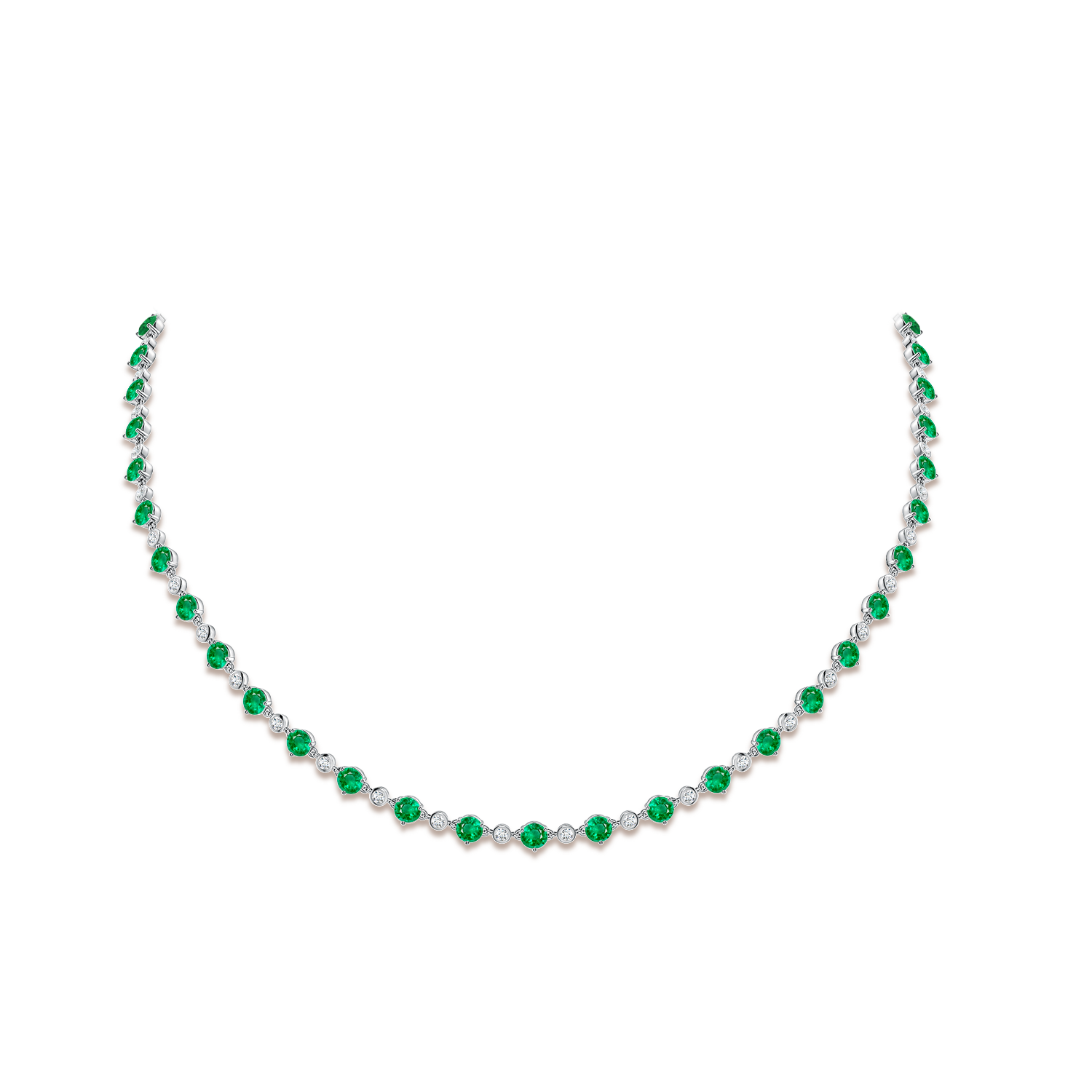 4mm AAA Emerald and Diamond Adjustable Station Necklace in White Gold - body_neck