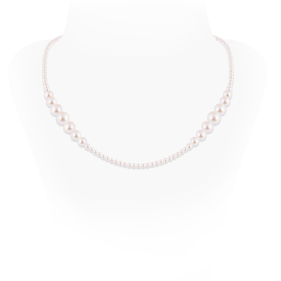 9mm AAA Single Strand Graduated Akoya Pearl Bead Necklace in White Gold - side 1