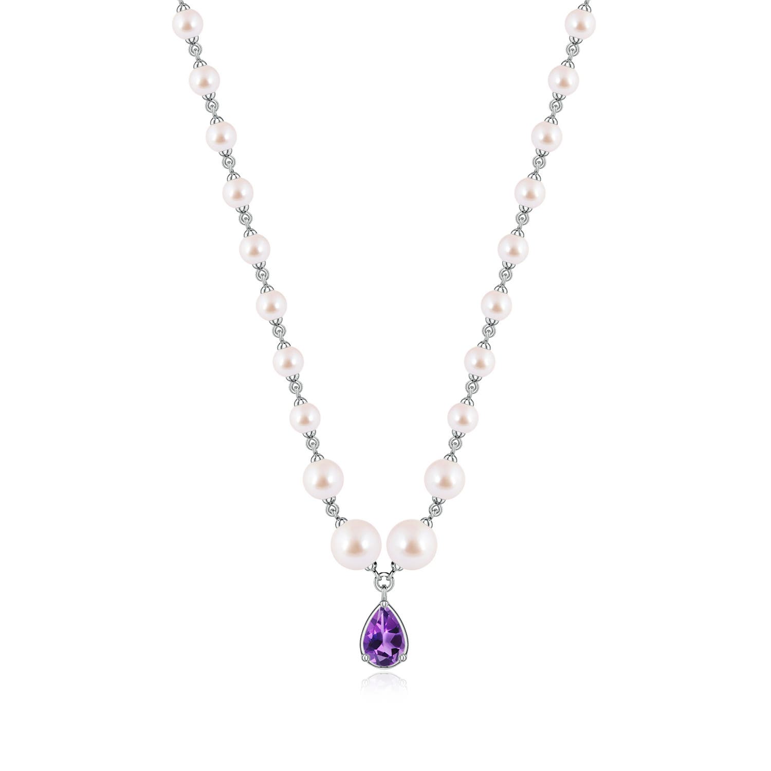 6x4mm AAA Pear Amethyst and Akoya Pearl Drop Necklace in White Gold