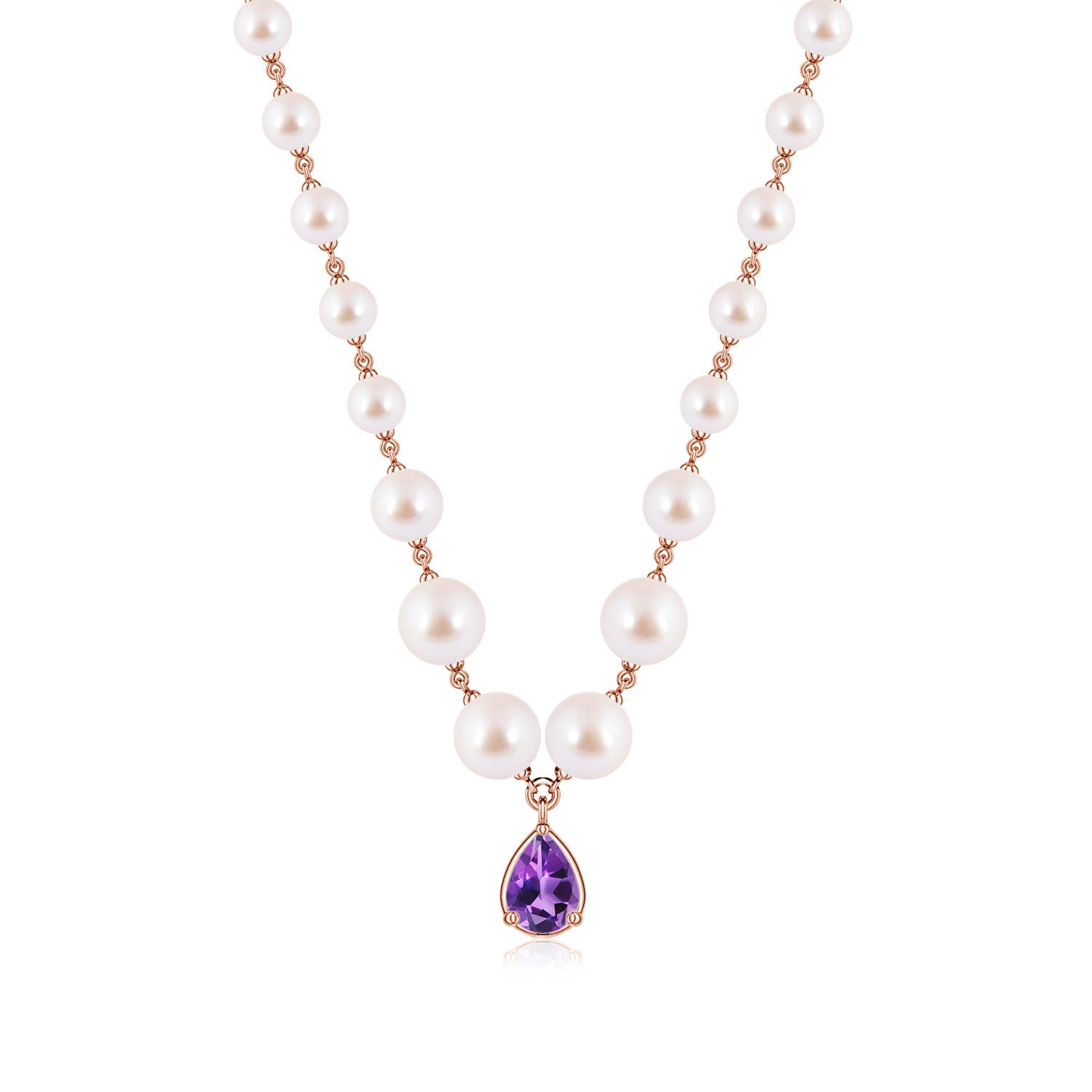 7x5mm AAA Pear Amethyst and Akoya Pearl Drop Necklace in Rose Gold