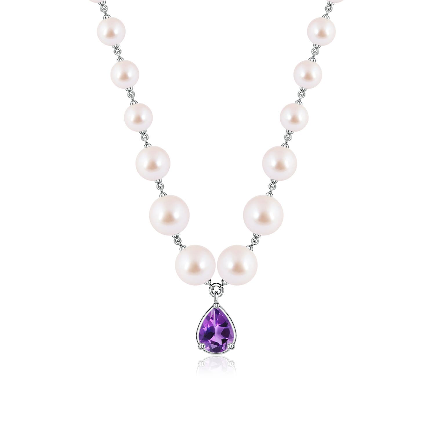 8x6mm AAA Pear Amethyst and Akoya Pearl Drop Necklace in 18K White Gold