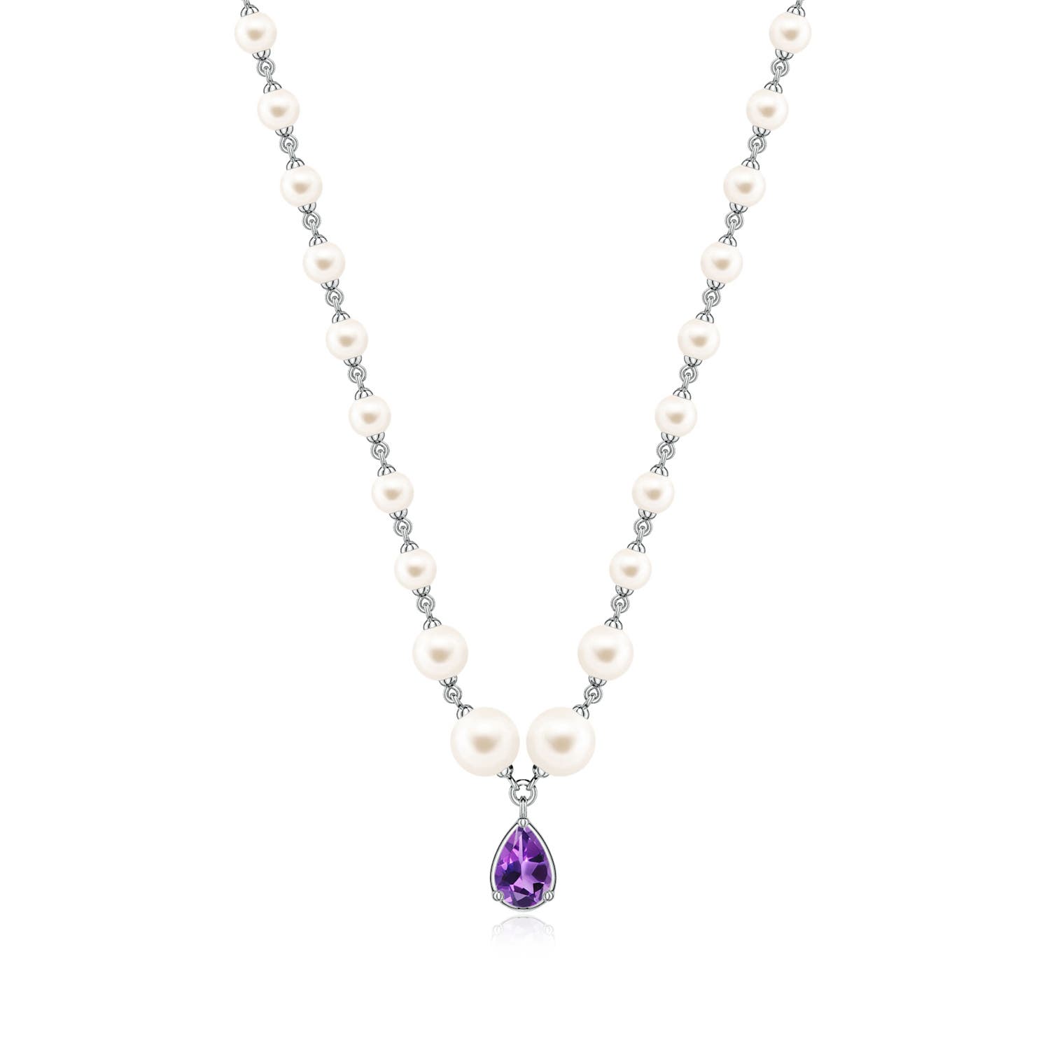 6x4mm AAA Pear Amethyst and Freshwater Pearl Drop Necklace in White Gold