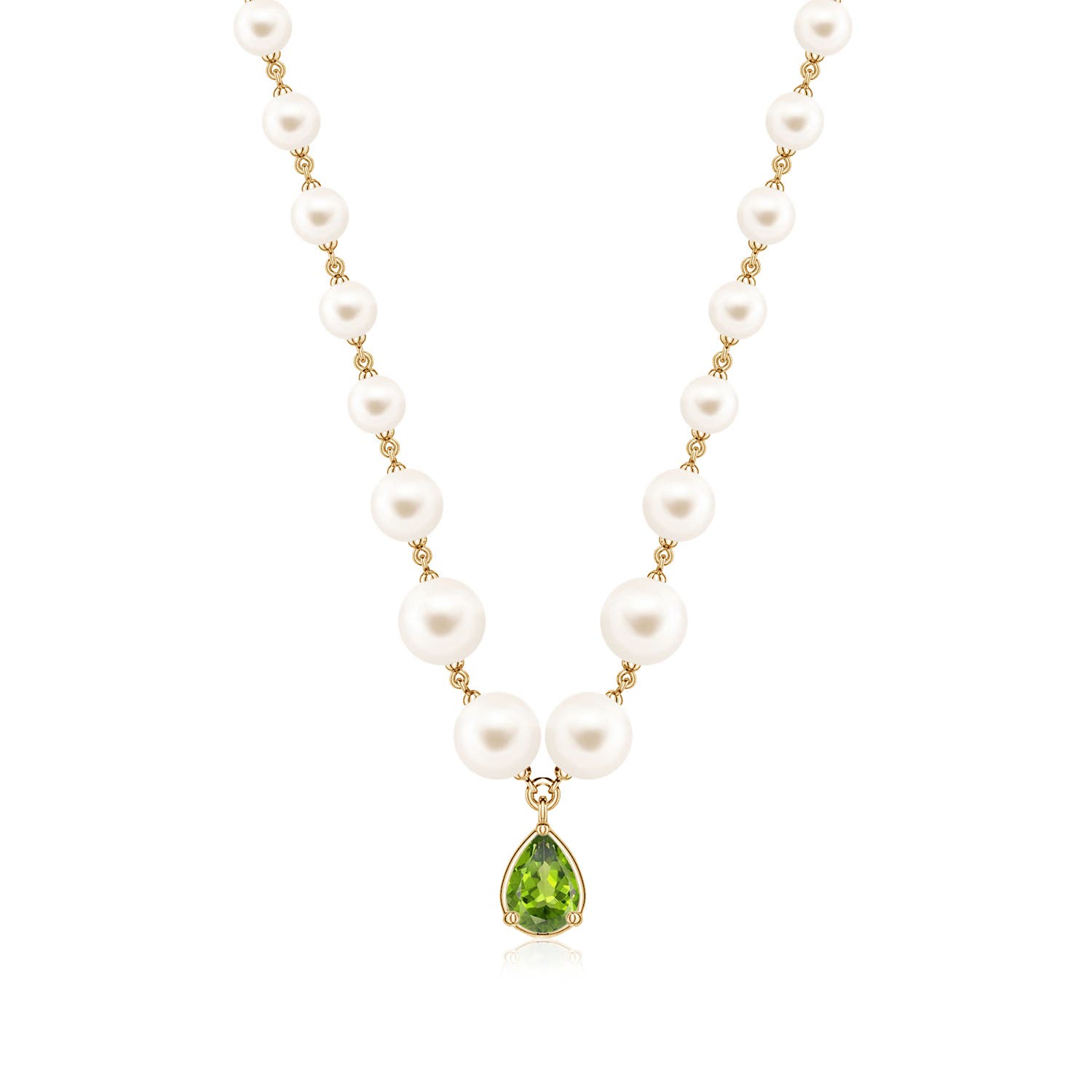 7x5mm AAA Pear Peridot and Freshwater Pearl Drop Necklace in Yellow Gold