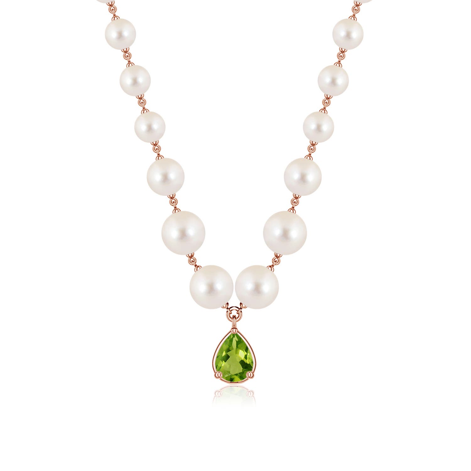 8x6mm AAAA Pear Peridot and Freshwater Pearl Drop Necklace in 18K Rose Gold