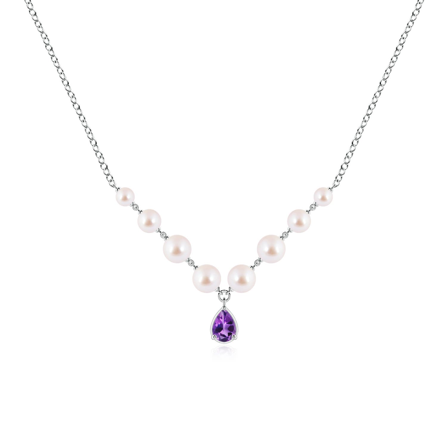 7x5mm AAA Pear Amethyst and Partially Graduated Akoya Pearl Necklace in White Gold