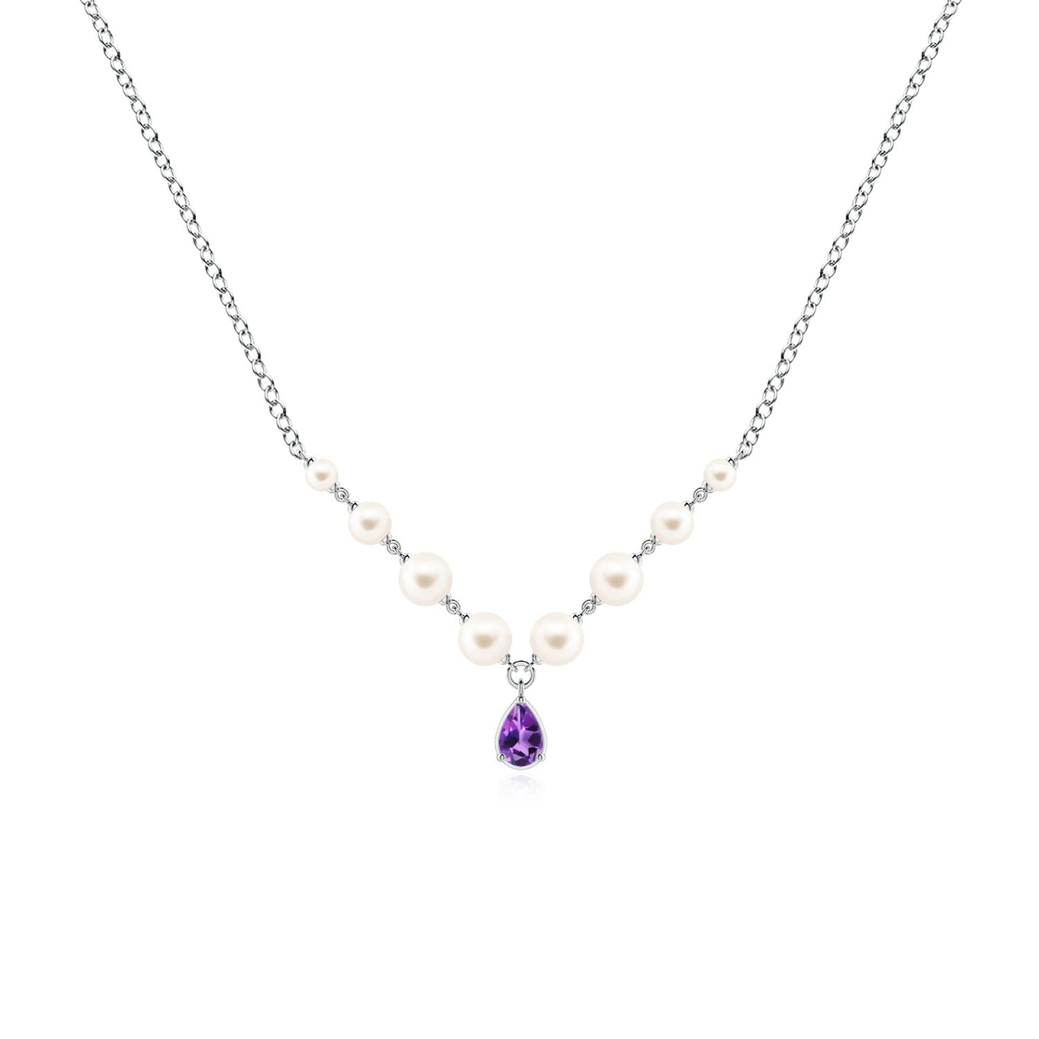 6x4mm AAA Pear Amethyst and Partially Graduated Freshwater Pearl Necklace in White Gold