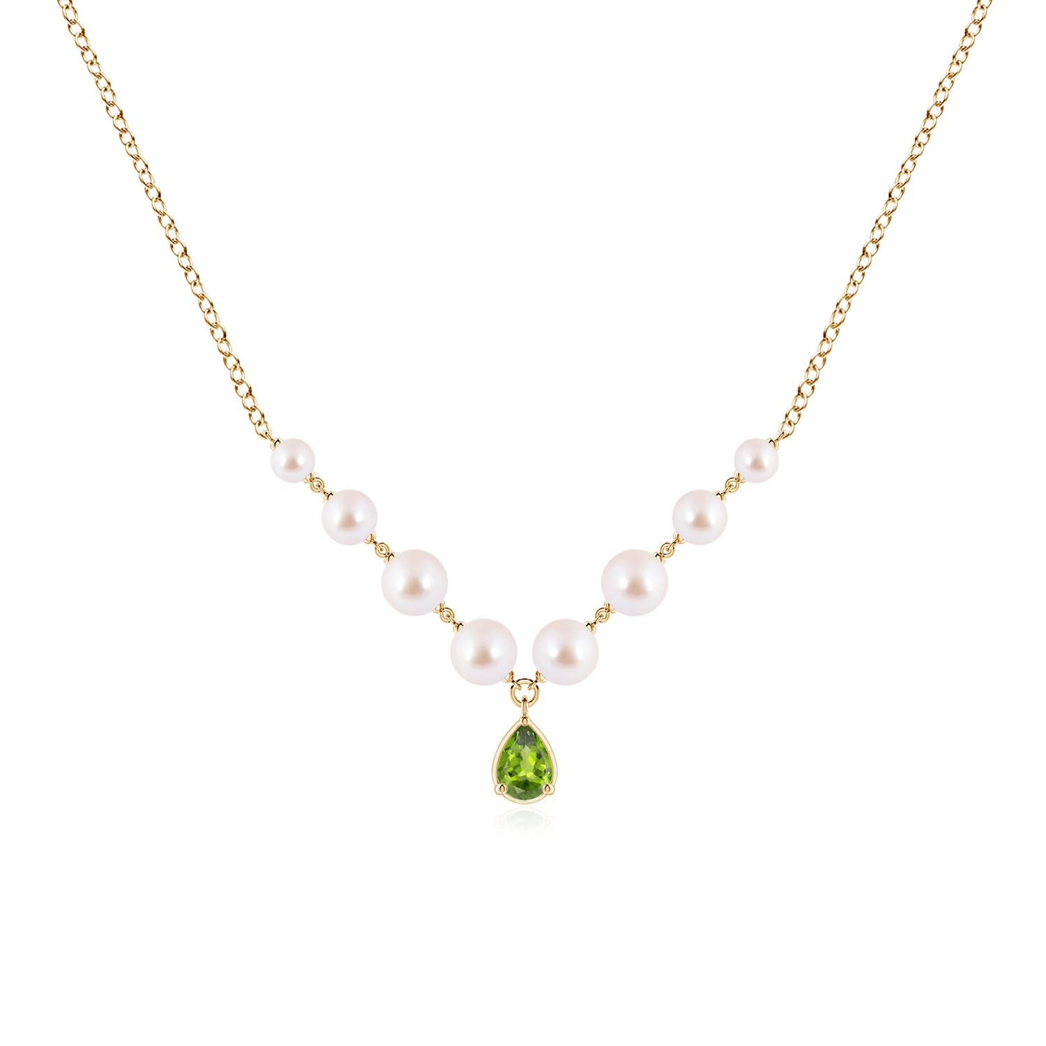 7x5mm AAA Pear Peridot and Partially Graduated Akoya Pearl Necklace in Yellow Gold