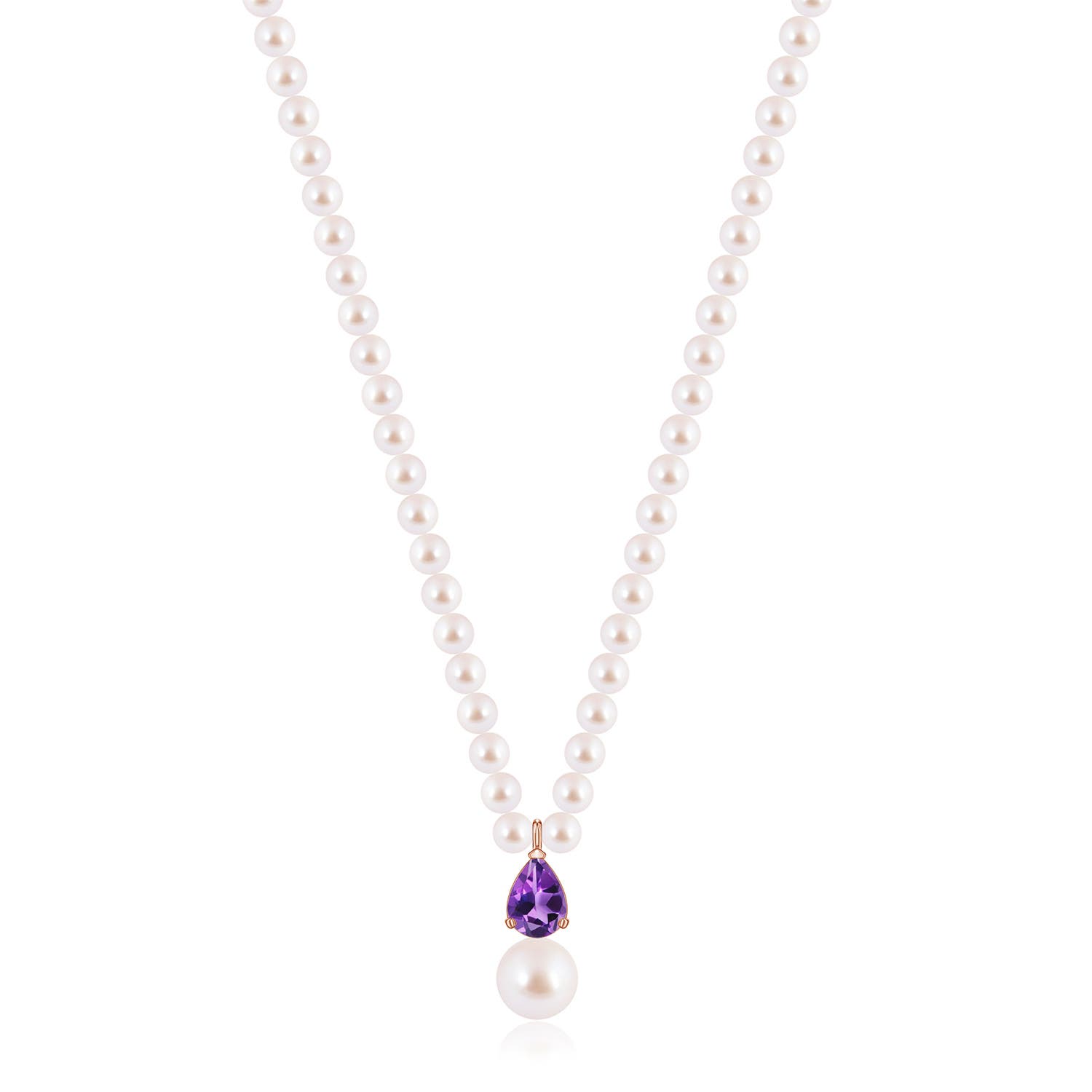 9mm AAA Single Strand Akoya Pearl and Pear Amethyst Necklace in Rose Gold
