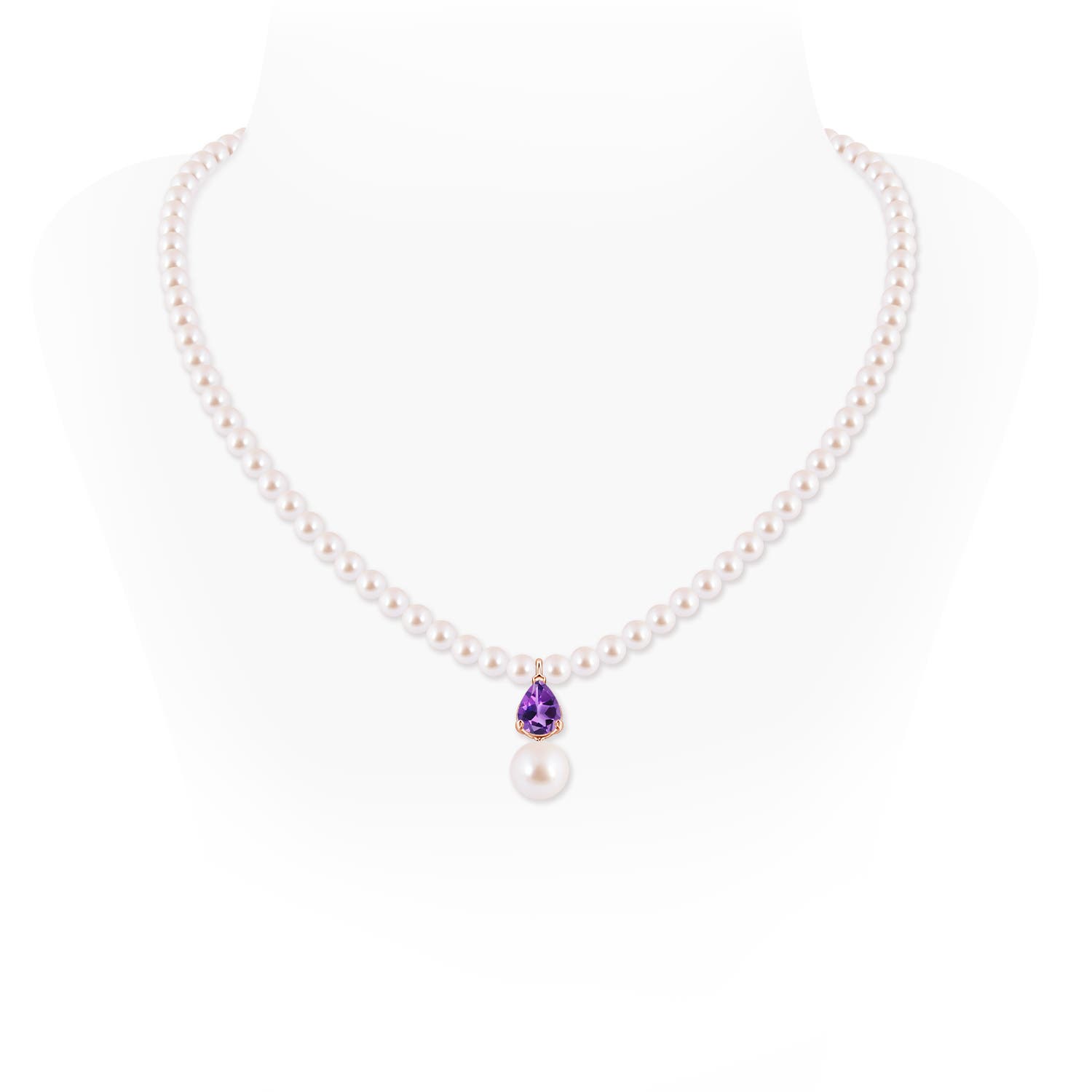 9mm AAA Single Strand Akoya Pearl and Pear Amethyst Necklace in Rose Gold