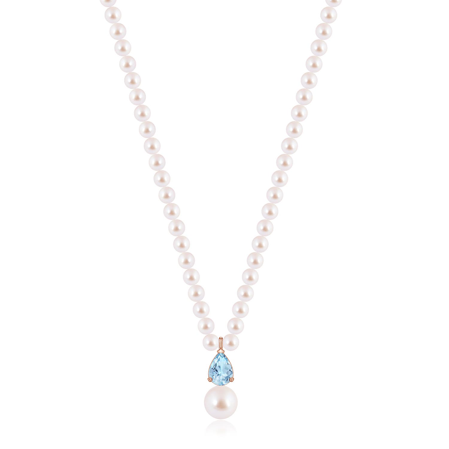 9mm AAA Single Strand Akoya Pearl and Pear Aquamarine Necklace in Rose Gold