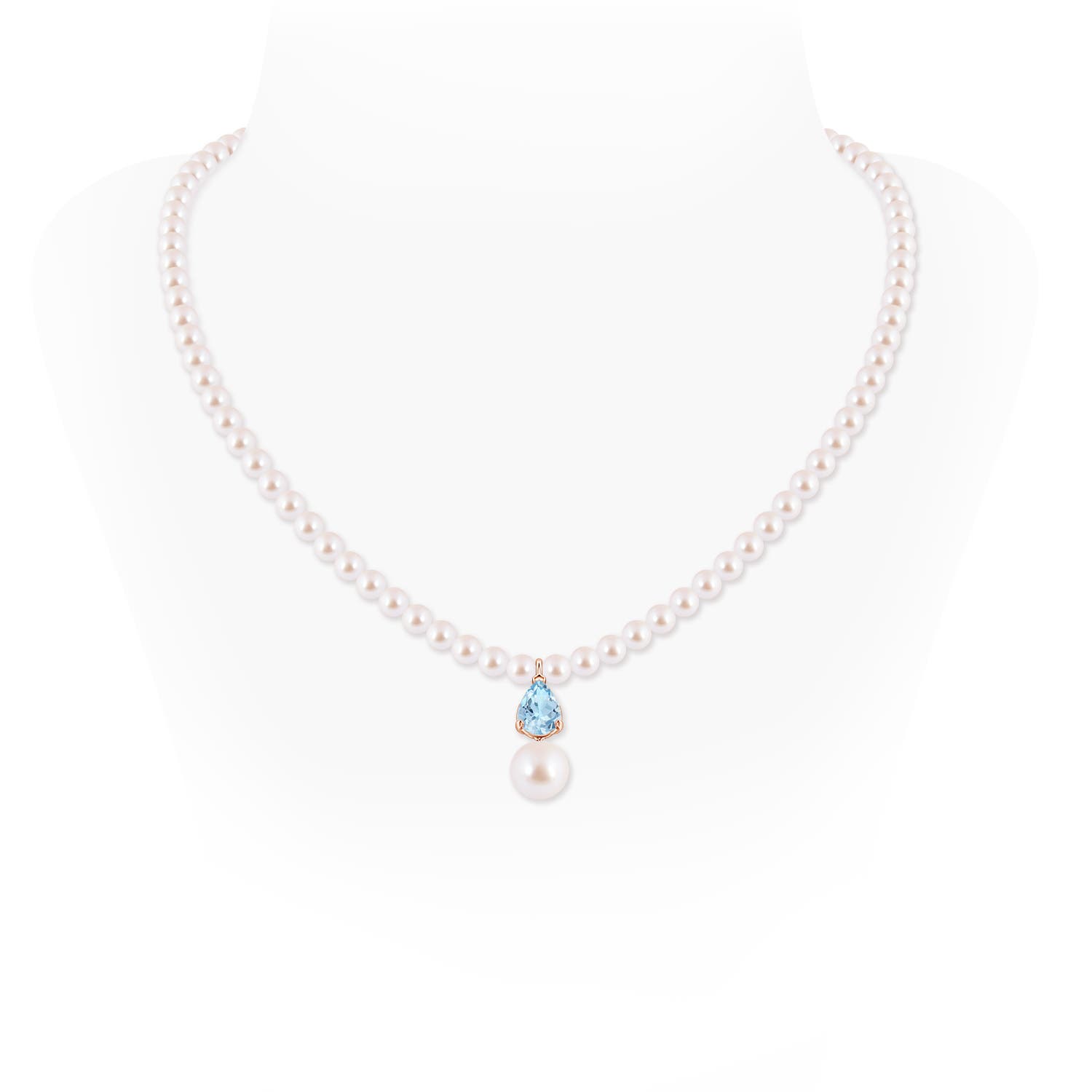 9mm AAA Single Strand Akoya Pearl and Pear Aquamarine Necklace in Rose Gold