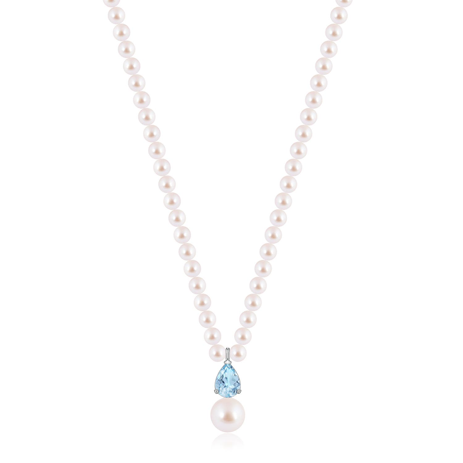 9mm AAA Single Strand Akoya Pearl and Pear Aquamarine Necklace in White Gold