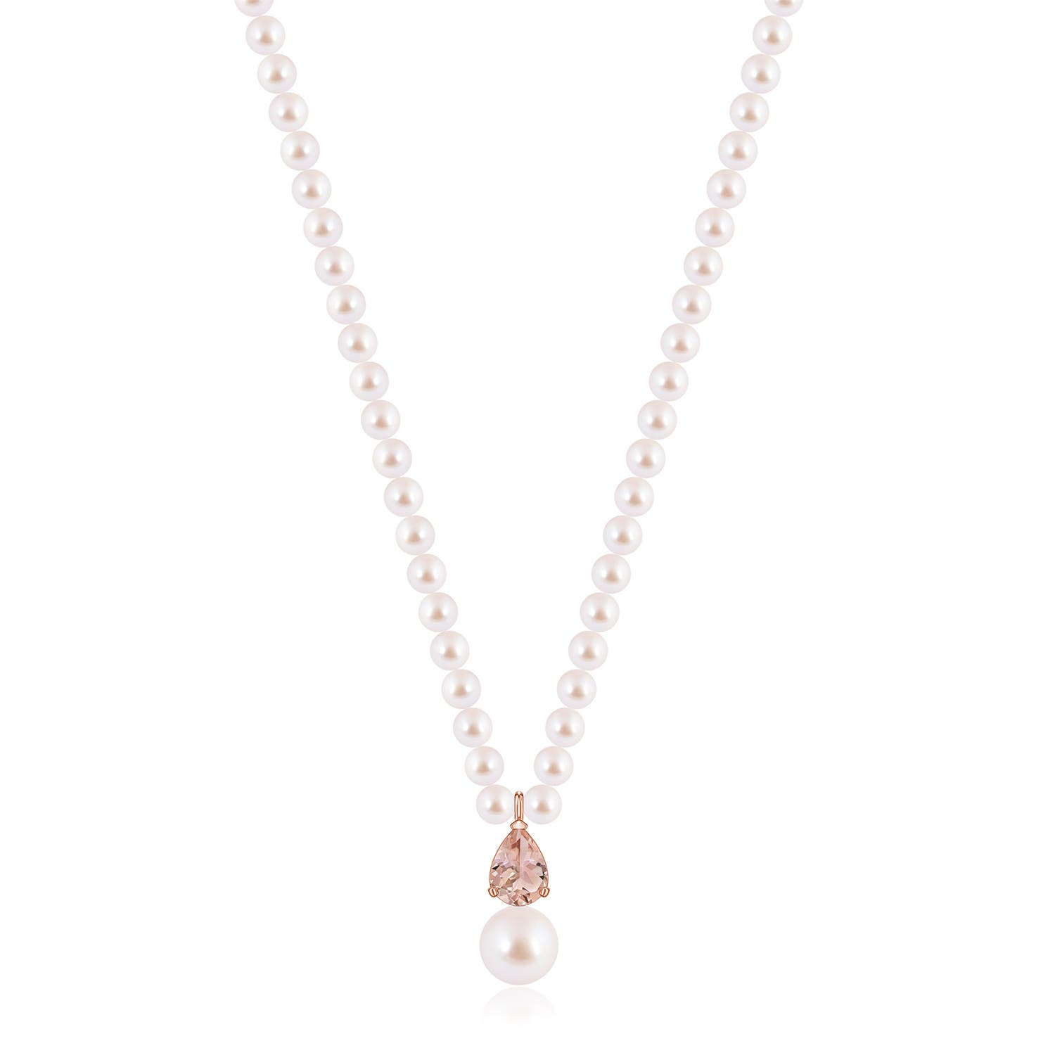 9mm AAA Single Strand Akoya Pearl and Pear Morganite Necklace in Rose Gold