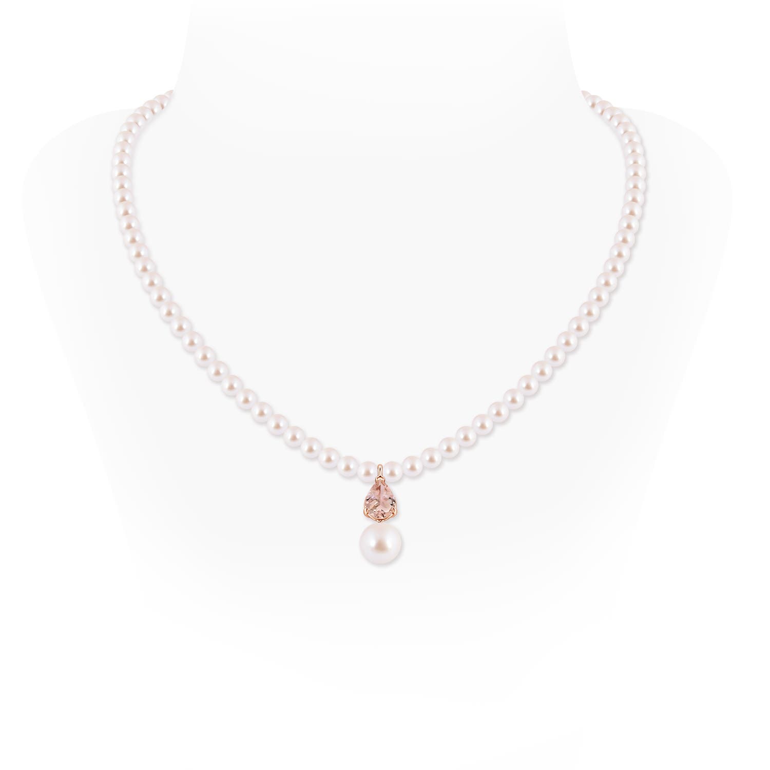 9mm AAA Single Strand Akoya Pearl and Pear Morganite Necklace in Rose Gold