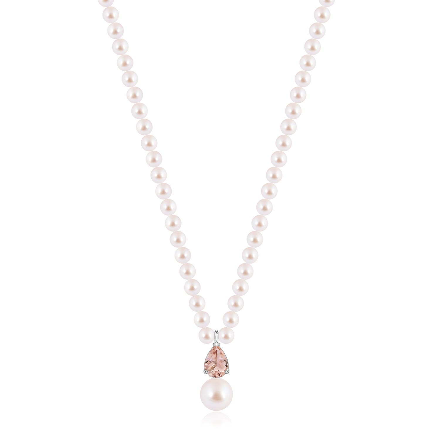 9mm AAA Single Strand Akoya Pearl and Pear Morganite Necklace in White Gold