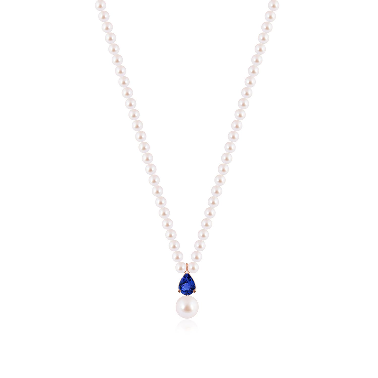 8mm AAA Single Strand Akoya Pearl and Pear Tanzanite Necklace in Rose Gold
