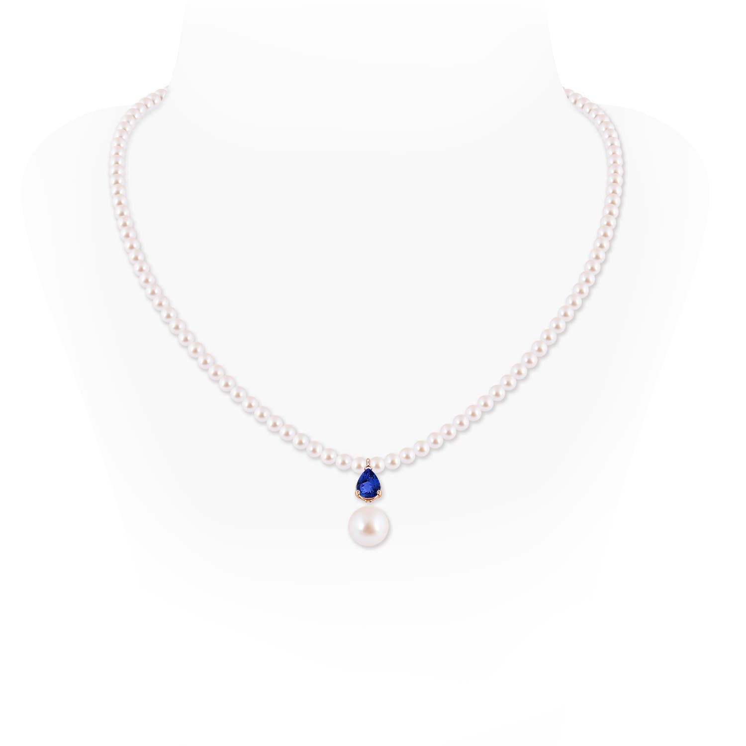 8mm AAA Single Strand Akoya Pearl and Pear Tanzanite Necklace in Rose Gold