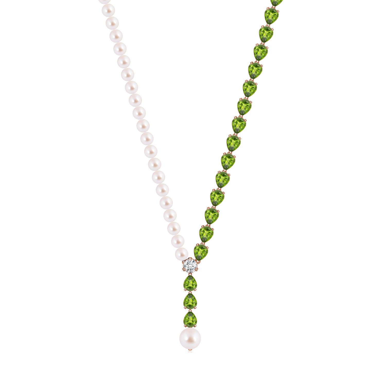 8mm AAA Akoya Pearl and Pear Peridot Y Necklace in Rose Gold